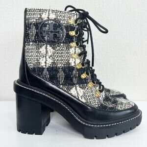 Tory Burch Miller Lug Sole Lace Up Boots Size 7 Tweed Wool Booties